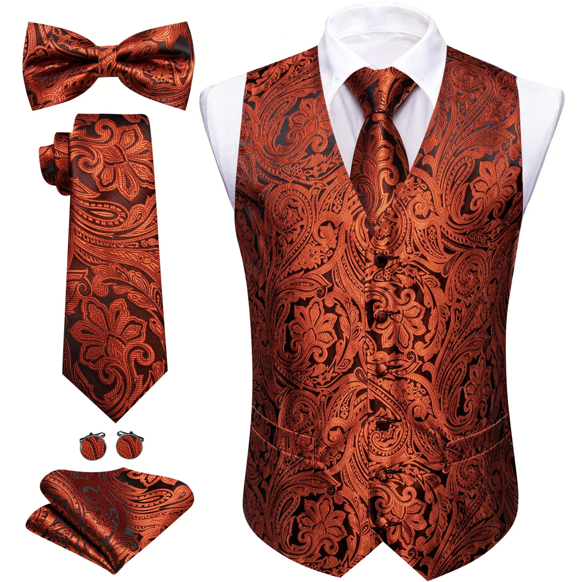 Men's Jacquard Suit Vest Set with Tie, Bow Tie, Pocket Square & Cufflinks – Wedding & Formal