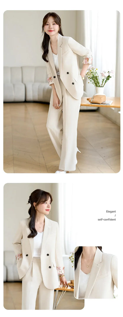 Fashion Elegant Solid Women Blazer Pantsuit Casual Vintage Chic Suit Jackets Wide Leg Pants 2 Pieces Set Female Outfits