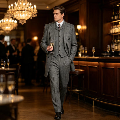 Men Vintage Herringbone Tweed 3 Piece Suit Double Breasted Overcoat Vest Pants Wedding Busines British Style Wool Blend Suit Set