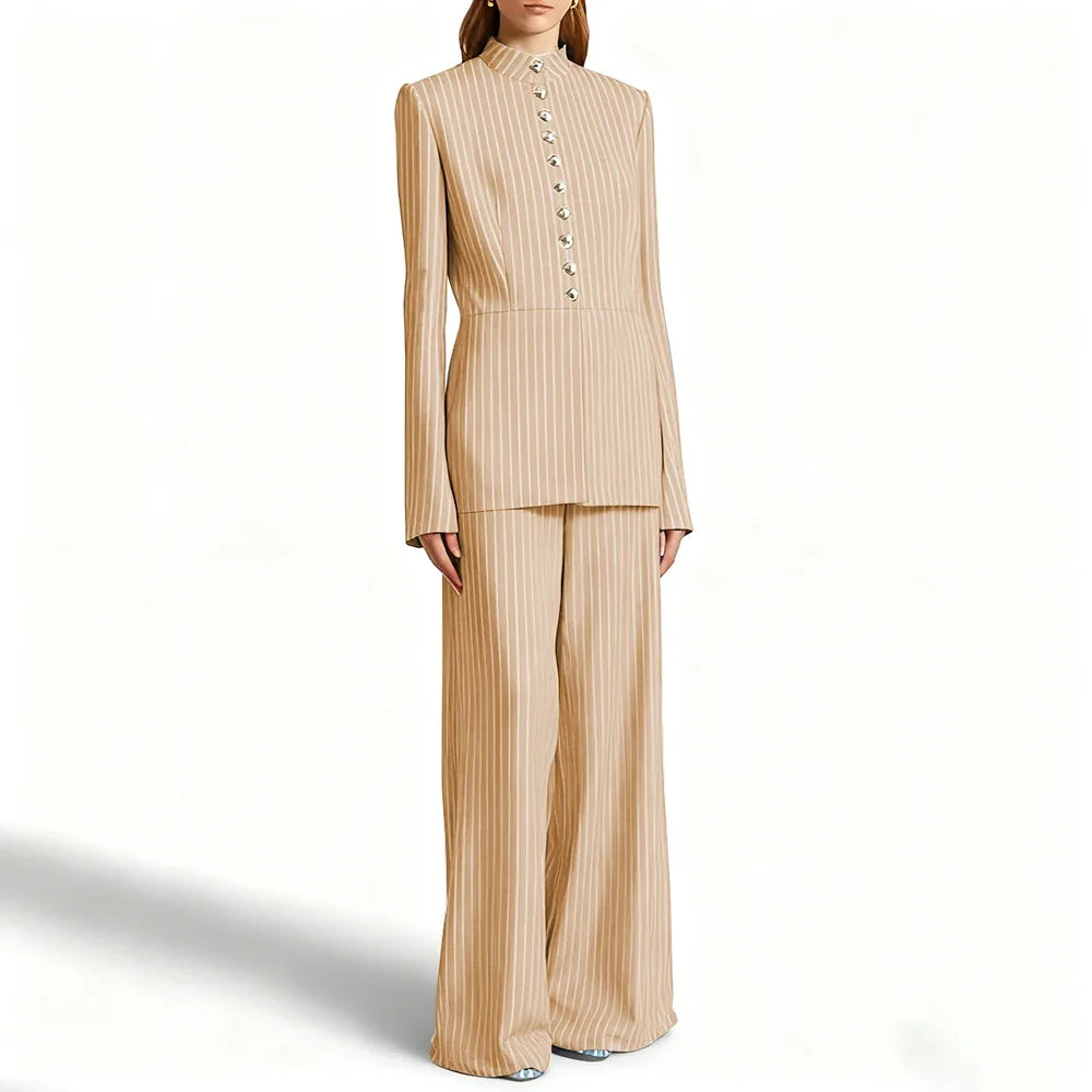 Elegant Women's Suits Pinstripe Two-piece(Jacket+Pants) Set with Stand Collar Gold Single Breasted Business Office Lady Outfit