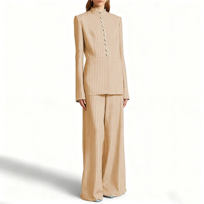 Elegant Women's Suits Pinstripe Two-piece(Jacket+Pants) Set with Stand Collar Gold Single Breasted Business Office Lady Outfit