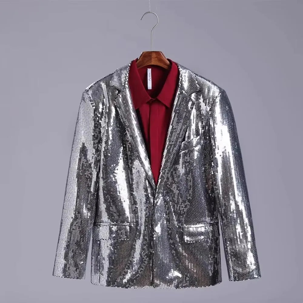Men's Casual Blazers Suit Jackets Singer Silver Sequins Party Glitter Club Bar Concert Shiny Coat Stage Performance Costume