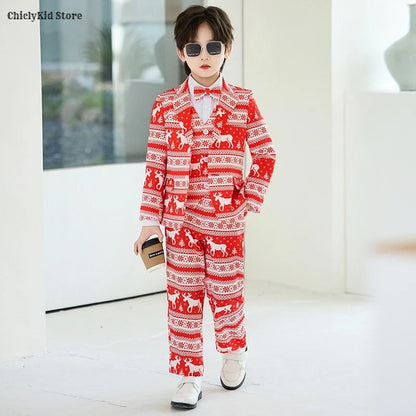 Boys Christmas Blazer Jacket Waistcoat Pants Wedding Suits Kids Morning Coat Formal Dress Children Tuxedos Toddler Clothes Sets