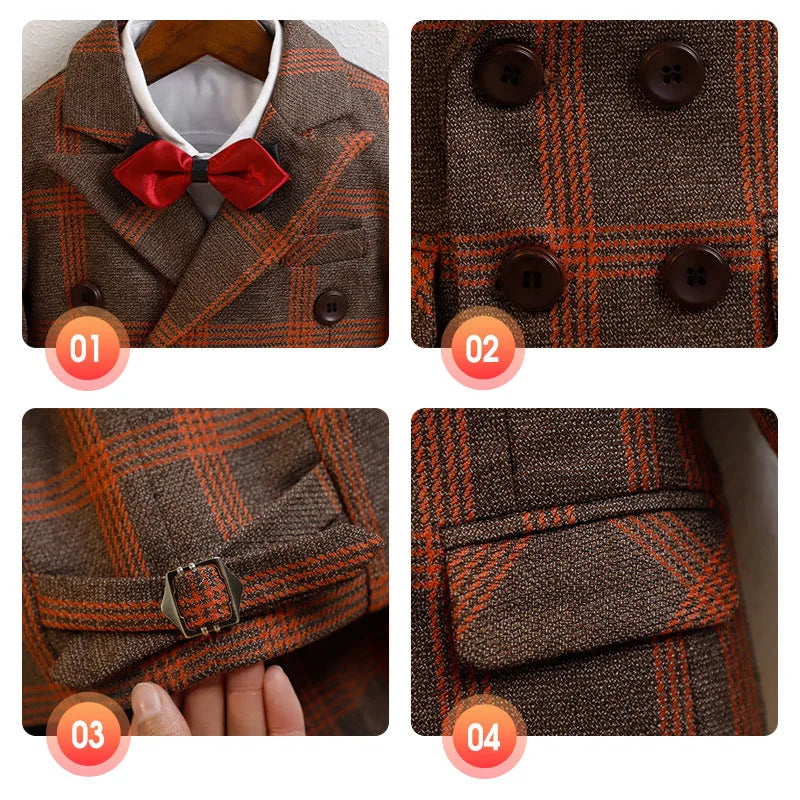 Boys Plaid Double Breasted Tuxedo Set – 4-Piece Formal Suit for Weddings & Special Occasions