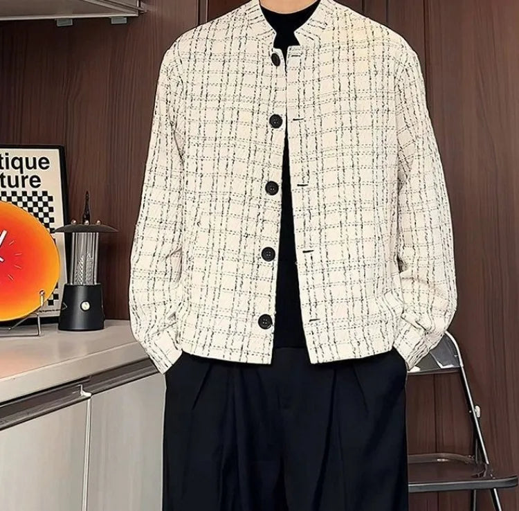 Men's Spring High-End Plaid Blazer Bad Boy Style Cropped Jacket Chinese Stand Collar Suit Outerwear