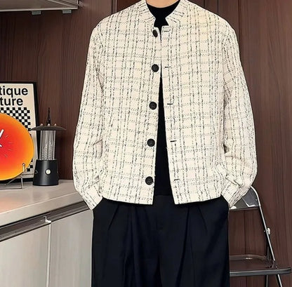 Men's Spring High-End Plaid Blazer Bad Boy Style Cropped Jacket Chinese Stand Collar Suit Outerwear