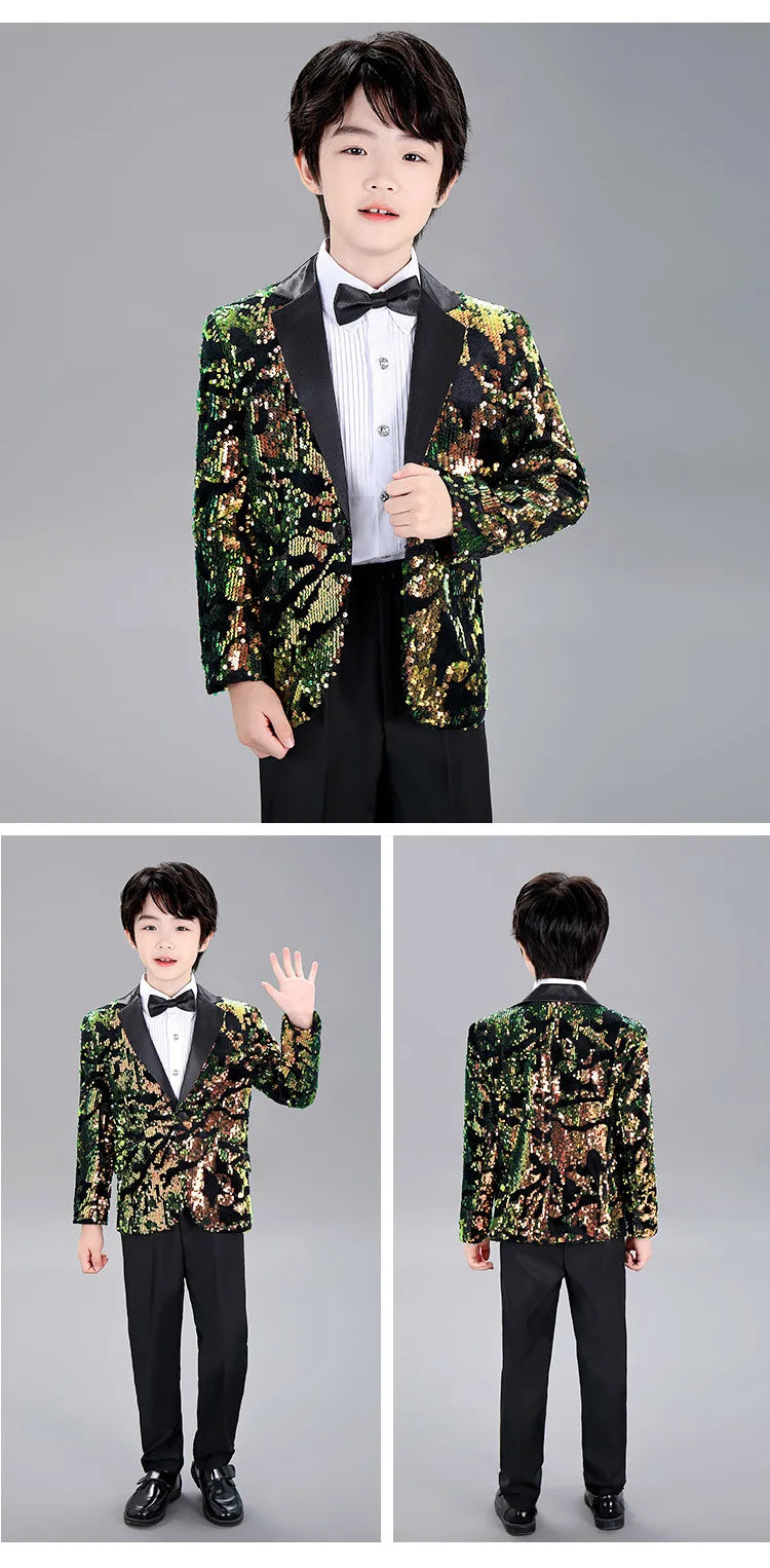 Kids Piano Wedding Birthday Tuxedo Dress Children's Shining Sequins Stage Show Photography Suit Boys Performance Costume