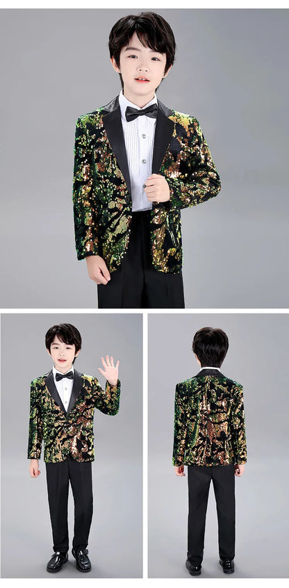 Kids Piano Wedding Birthday Tuxedo Dress Children's Shining Sequins Stage Show Photography Suit Boys Performance Costume