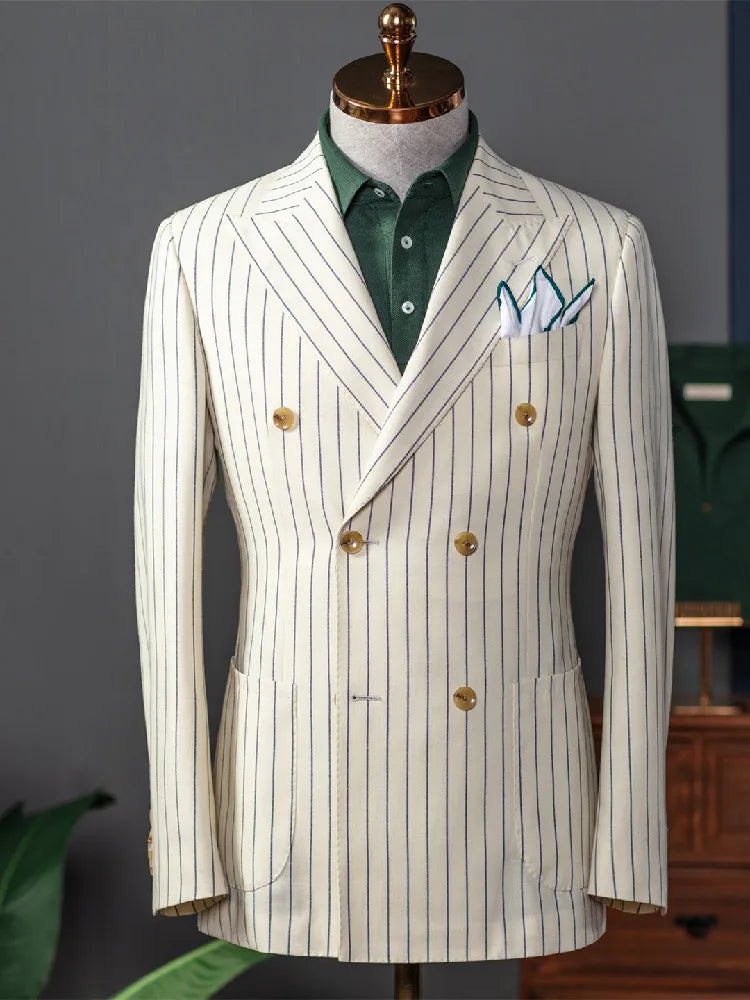 New Men's Suit One Piece Blazer Double Breasted Peaked Lapel Pinstripes Formal Tuxedo Work Wedding Groom Tailored Costume Homme