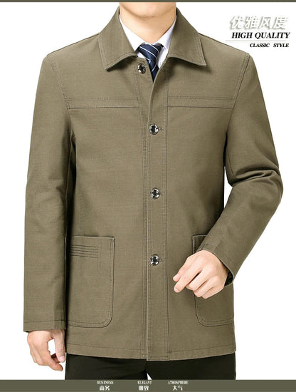 Men's Middle-Aged Cotton Jacket Spring Autumn Lapel Trench Coat Large Size with Buttons Fashionable Classic Outerwear