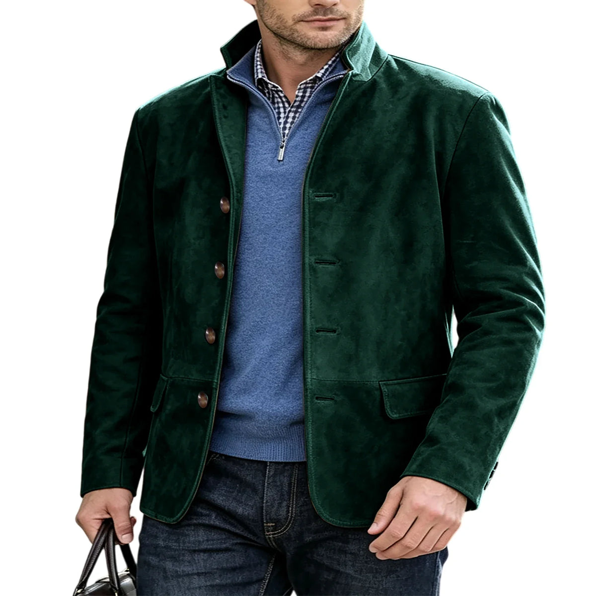 Men's Suede Blazer Single Breasted Slim Fit Classic Stand Collar Suit Jacket for Weddings & Daily Wear