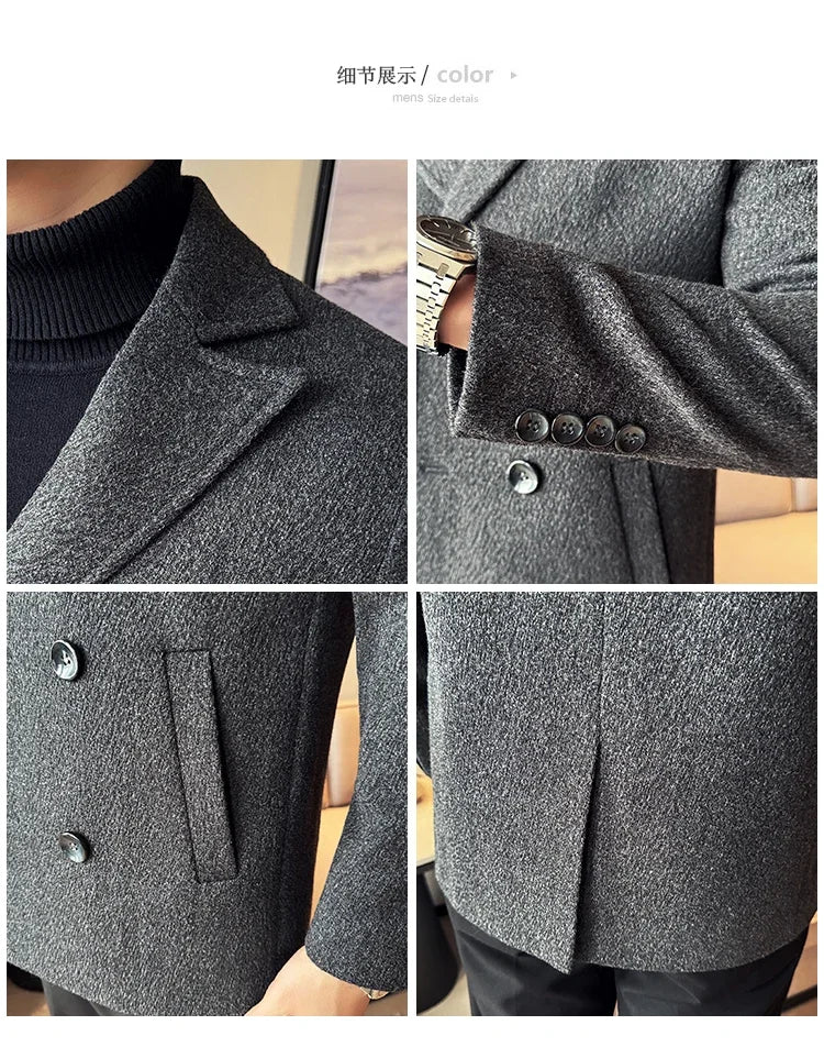 British Style Autumn Winter Thick Double Breasted Woolen Coats High Quality Men Business Casual Warm Suit Jackets Men Clothing