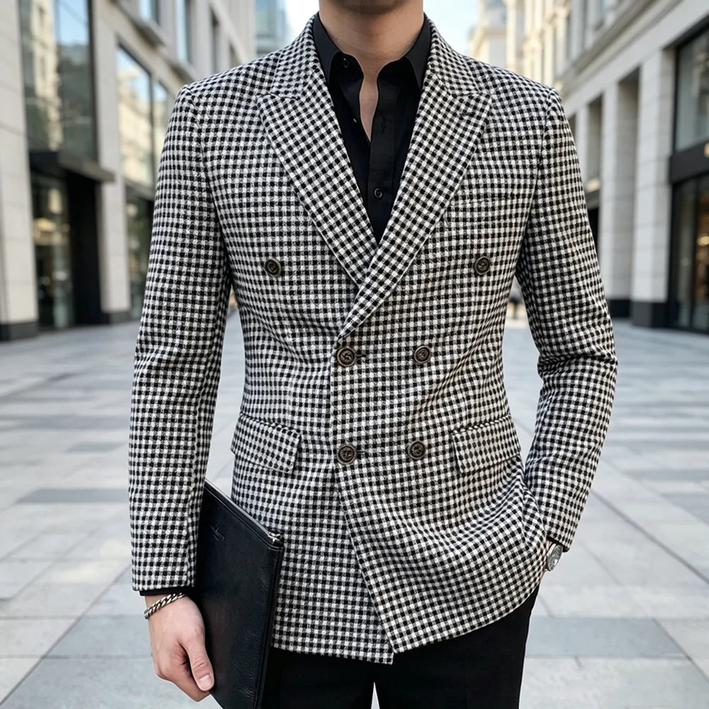 Slim Fit Plaid Men Suit Jacket 1 Piece Double Breasted Houndstooth Check Male Blazer For Wedding Prom Party tweed blazer coats
