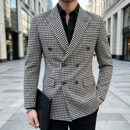 Slim Fit Plaid Men Suit Jacket 1 Piece Double Breasted Houndstooth Check Male Blazer For Wedding Prom Party tweed blazer coats