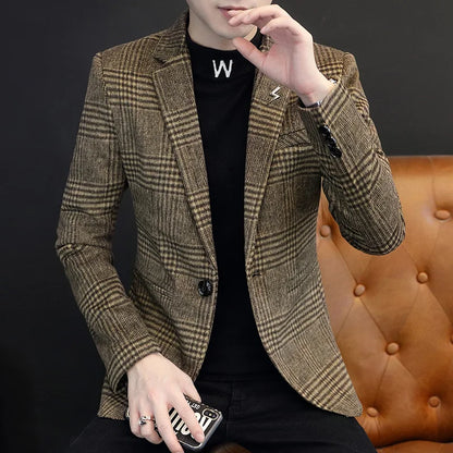 Men's Plaid Blazer Smart Casual Single Breasted Khaki Gray Autumn Office Jacket