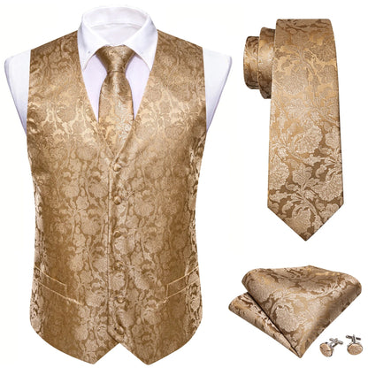 Men's Jacquard Floral V-Neck Suit Vest & Matching Tie Set, Formal Fit Waistcoat for Wedding, Prom, Business Party