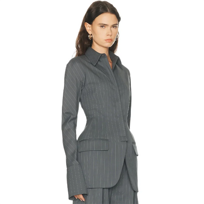 Chic Grey Pinstripe Women's Blazers and Suit Sets Tailored Slim Fit 2 Piece Set Jacket Wide Leg Pants Formal Office Lady Outfit