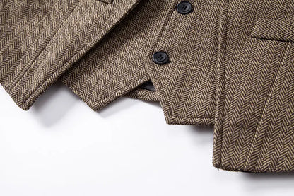 Men's Triple-Breasted Herringbone Tweed Vest – Retro Fake Two-Piece Waistcoat for Weddings & Smart-Casual Occasions