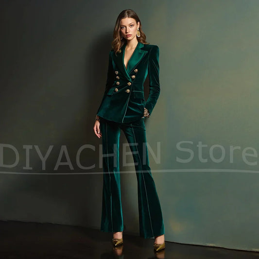 Chic Velvet Women Suit Double Breasted Gold Buttons Blazer and Flared Pants Fashion Formal Evening Party Wedding Luxury Outfit