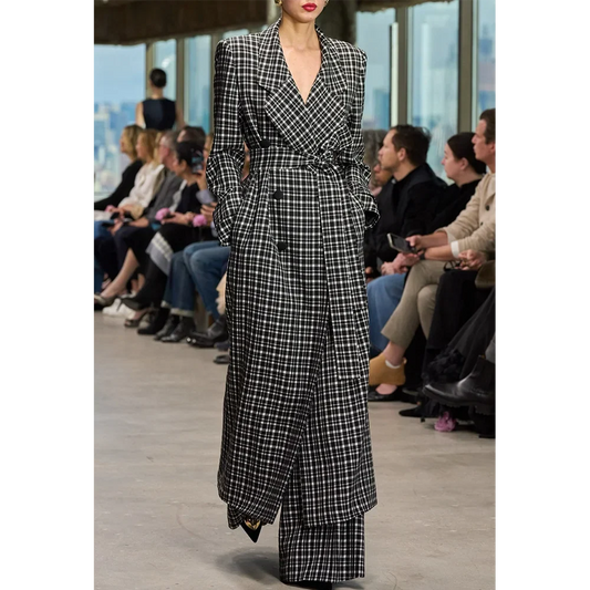 Fashion Runway Women's Suit Set Black White Plaid Notch Lapel Belted Long Blazer Pants Straight Fit Elegant Luxury Outfit