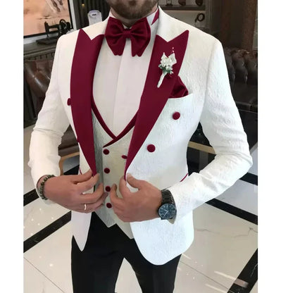 3 Pieces Peak Lapel Wedding Suits for Men Single Breasted Jacquard Jacket with Vest Pant Groom Tuxedo Male Fashion Men Suits
