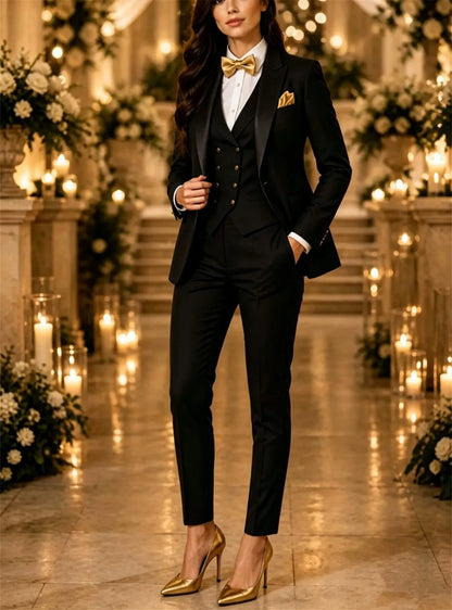 New Women's Suits 3 Pcs Golden Lapel Elegant Wedding Outfits Set Business & Party Wear Outfits (Blazer+Vest+Pants) Tailor Made