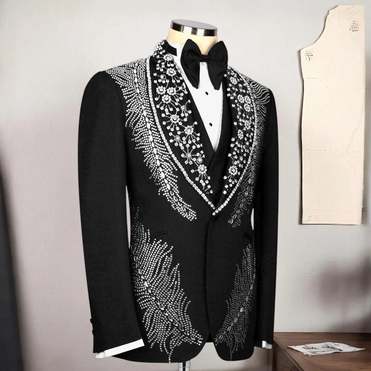 Suit For Man Black Custom Design, Wedding Crystal Embellished Tuxedo Set, Party Suit, Prom Men's Tuxedo, Stage Costume