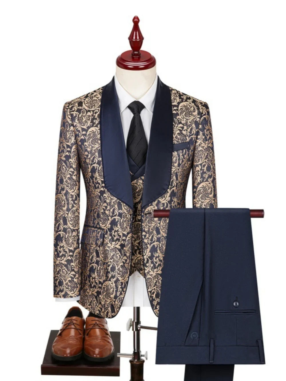New Men's Jacquard Suit Set 3 Pieces Banquet Party Wear Chic Formal Shawl Lapel Suits For Men Classy Handsome Tuxedo XS-4XL