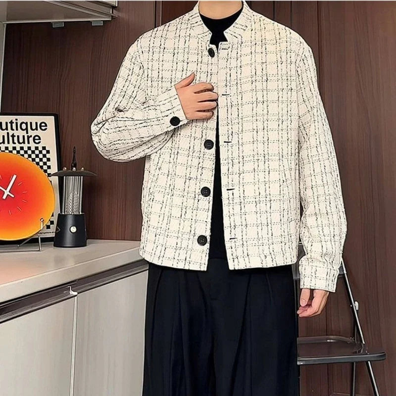 Men's Spring High-End Plaid Blazer Bad Boy Style Cropped Jacket Chinese Stand Collar Suit Outerwear