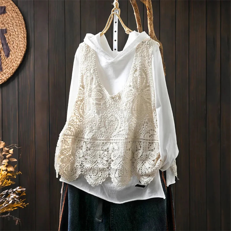 Summer Femme Lace Cotton Lined Vest Spring Women Fashion Knitted Crochet Sleeveless French Lady Hollow-out Sweater Waistcoat Top