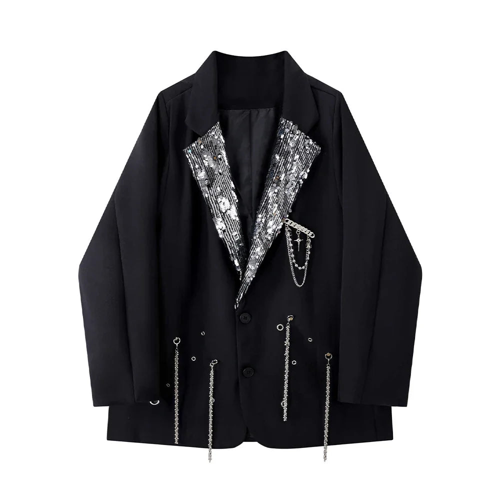 Women's Black Gothic Emo Blazer Jacket Harajuku 2000s Vestes Femme Outerwear Vintage Long Sleeve Sequins Suit Coat Clothing 2025