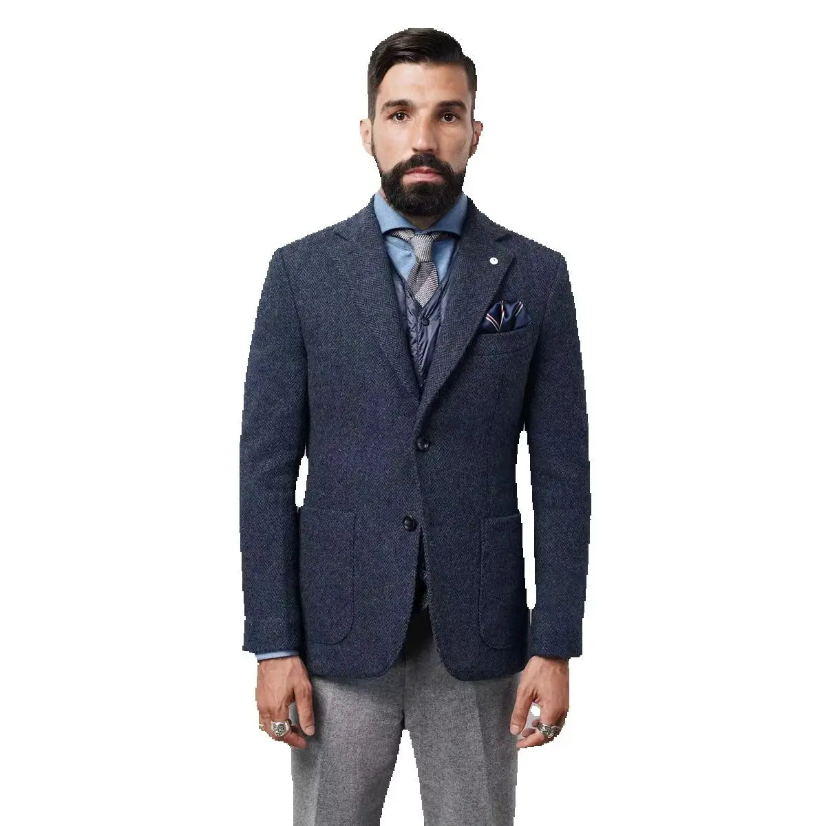 XS-6XL Blue/Gray Men's Herringbone Tweed Blazer Notch Lapel Two Buttons Tuxedo Jacket Woolen Suit Daily Office One Piece Coat