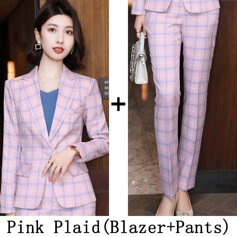 Plaid Women Suits Office Sets 2023 Vintage Long Sleeve Single Button Silm Blazers Chic High Waist Casual Pants Suits