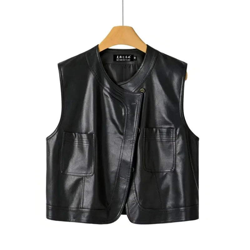 Pu Leather Vest Women Short Sleeveless Jacket 2026 Autumn New Solid Single-breasted Female Imitation Leather Waistcoat Outerwear