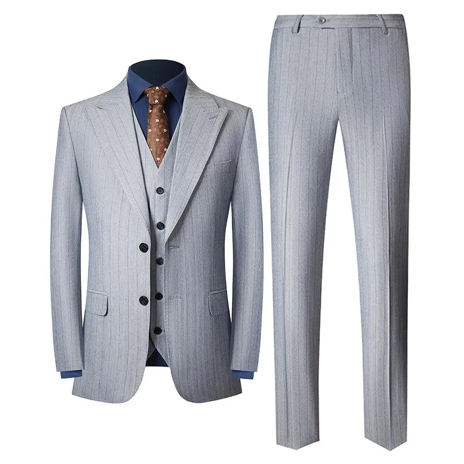 Men's Three-Piece Slim Fit Striped Suit – England Style, Wedding & Business, Dark Grey/Khaki