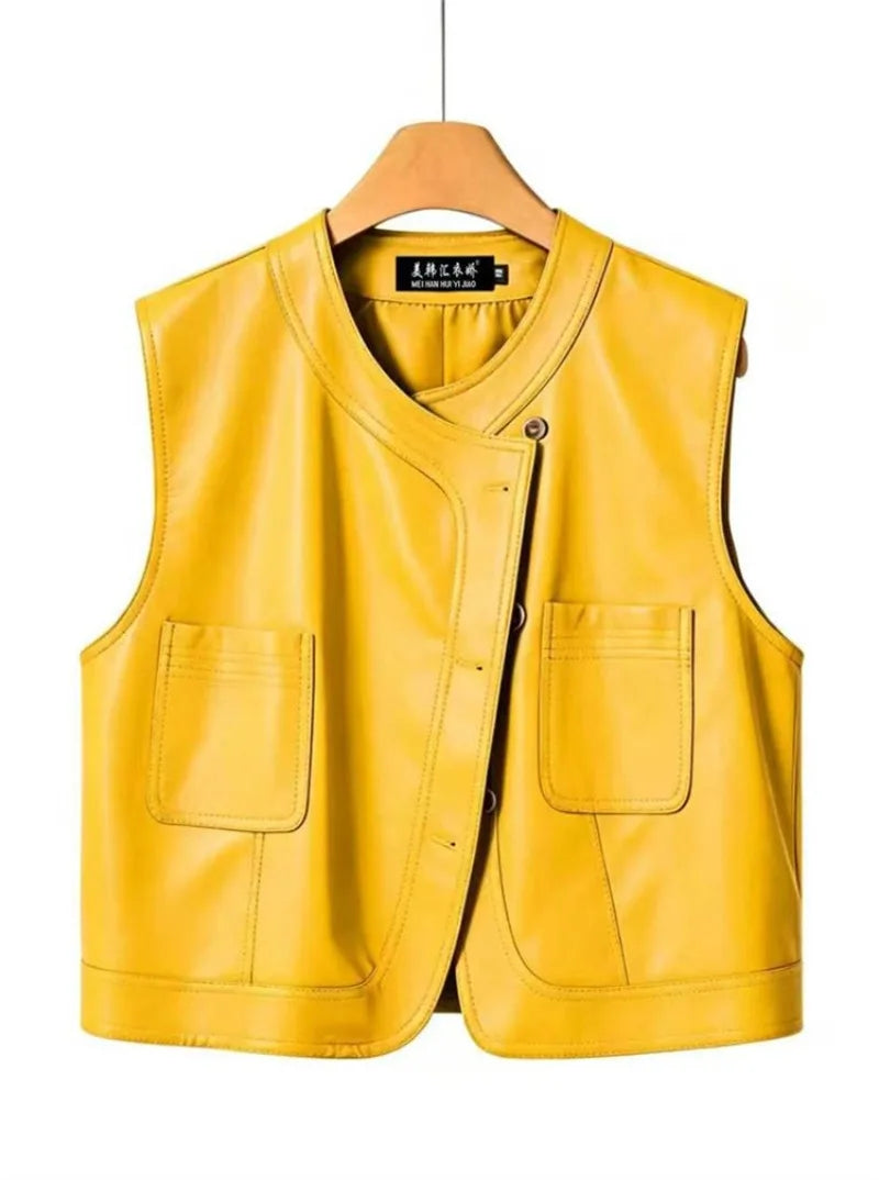 Pu Leather Vest Women Short Sleeveless Jacket 2026 Autumn New Solid Single-breasted Female Imitation Leather Waistcoat Outerwear