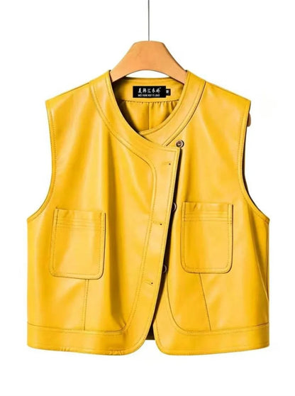 Pu Leather Vest Women Short Sleeveless Jacket 2026 Autumn New Solid Single-breasted Female Imitation Leather Waistcoat Outerwear