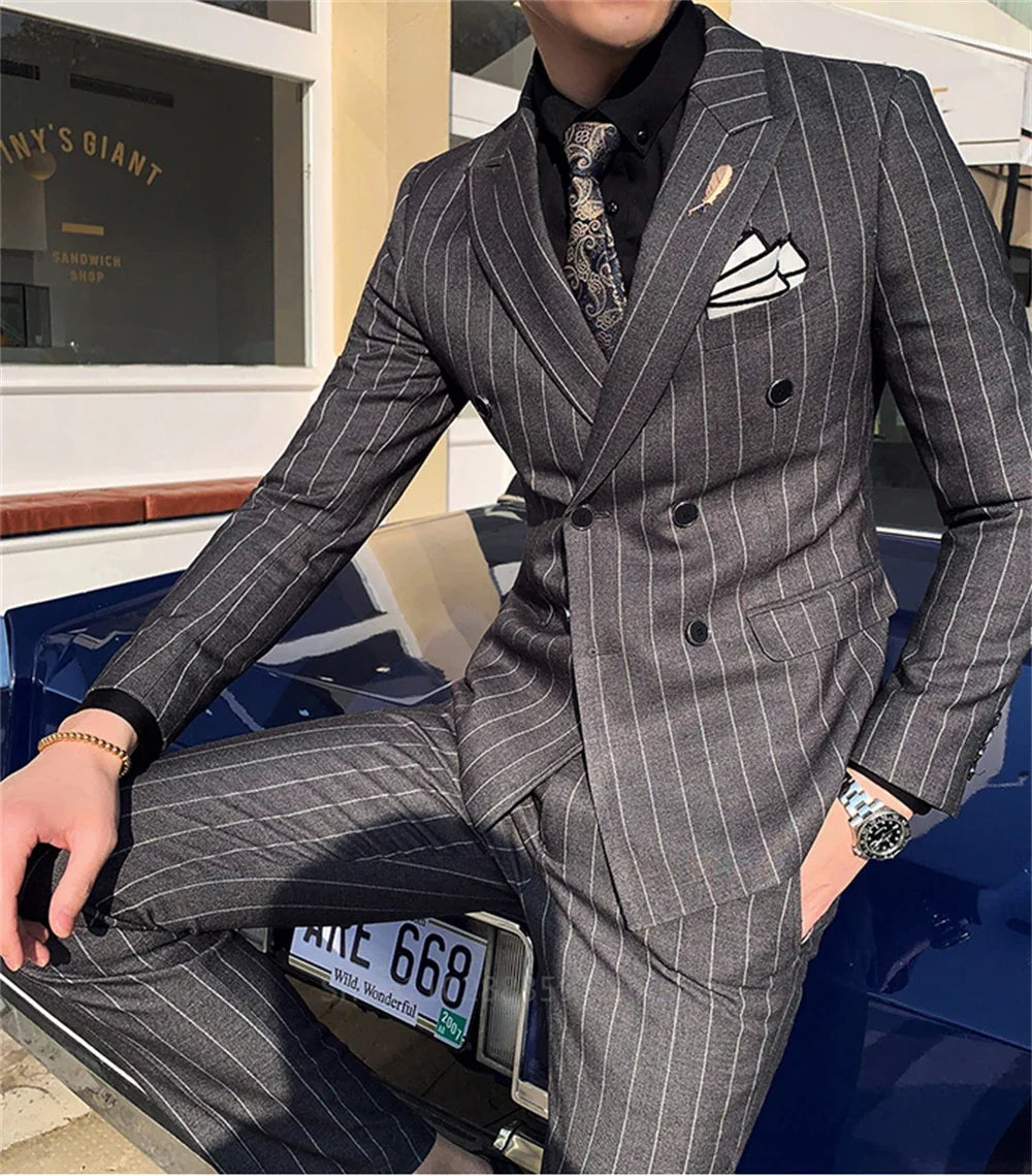 2 Pieces Stripe Fit Business Korean Edition Vertical Double Breasted Suit Men's Suit Homme Slim Wedding Banquet Set of