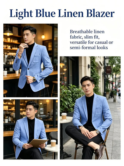 Mens Blazer Linen Blend Notched Lapel 1 Button Slim Fit Stitched Edge Patch Pockets Business Casual Daily Soft Breathable Jacket