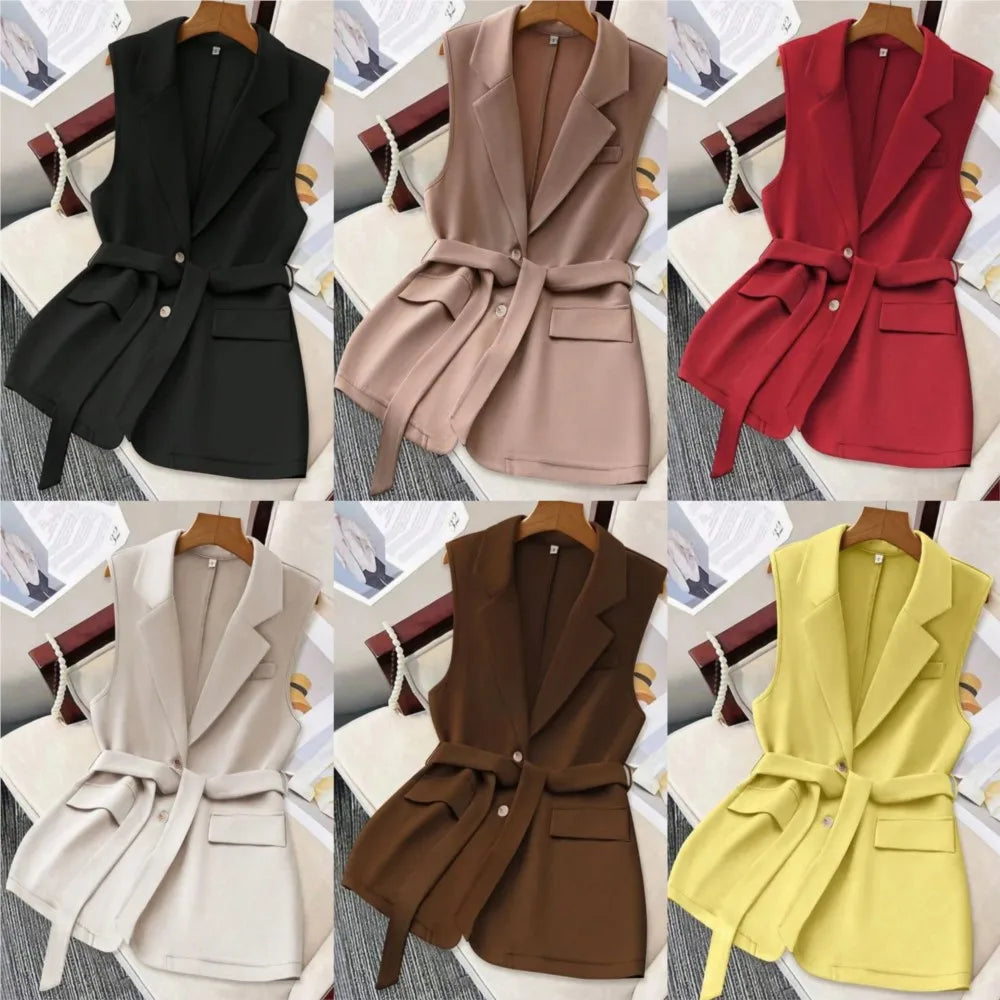 Fashion Sleeveless Slim Suit Collar Women Vest Spring Autumn New Single Breasted Elegant Lace Up Female Versatile Vest Tops 2025