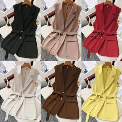 Fashion Sleeveless Slim Suit Collar Women Vest Spring Autumn New Single Breasted Elegant Lace Up Female Versatile Vest Tops 2025