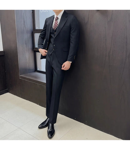( Jacket+Vest+Pants ) ltalian Style Luxury High-end Fashion Solid Color Mens Business Slim Suit 3Piece Set Groom Wedding Tuxedo