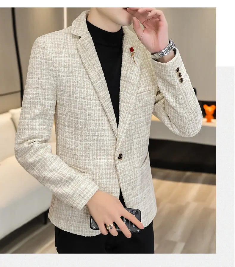 Korean Fashion Woven Suit Jacket for Men Autumn Slim Fit Casual Men Blazers Street Wear Social Business Dress Coats Men Clothing