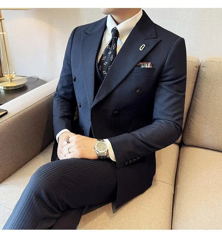 Korean Slim Fitt Wedding Suit Fashion Striped Double Breasted Suit 3 Piece Set Business Formal Casual Party Prom Host Suits
