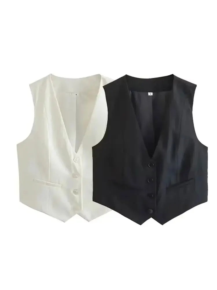 Fashion Women Vest Sleeveless Vests for Women Chic V-Neck Single-Breasted Ladies Elegant White Waistcoat Tops