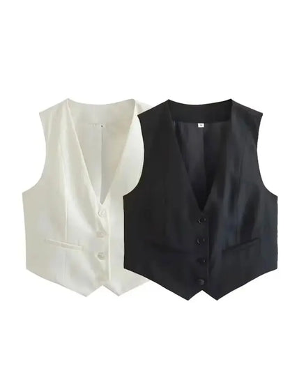 Fashion Women Vest Sleeveless Vests for Women Chic V-Neck Single-Breasted Ladies Elegant White Waistcoat Tops