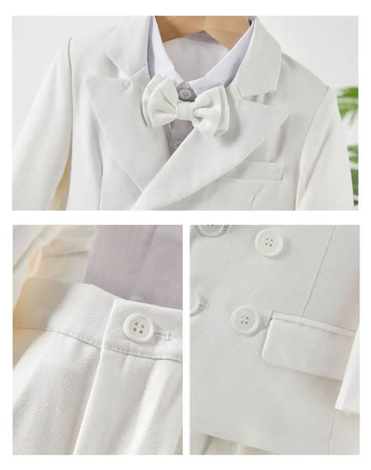 Baby Boy 4Pcs White Formal Suit Double Breasted Blazer Pants Suspenders Bow Tie Toddler Wedding Birthday Party Gentleman Costume