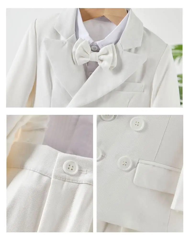 Elegant White Toddler Boy Suit Set Bow Tie Kids Formal Tuxedo Jacket Pant Outfit Christening Wedding Birthday Photograph Clothes