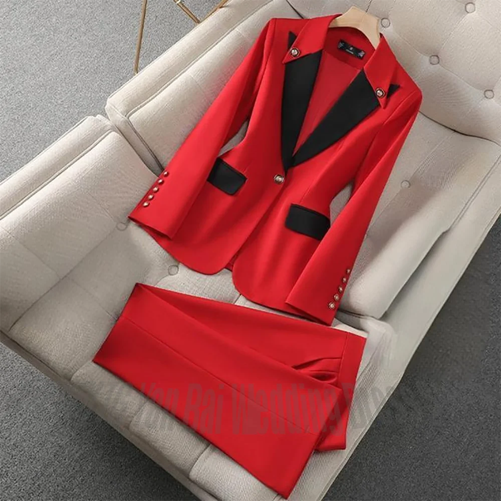 New Unique Women Pant Suit Contrast Color Modern Outfit One-Button Peaked Lapel Casual Fashion Daily Female Clothes Set 2 Piece