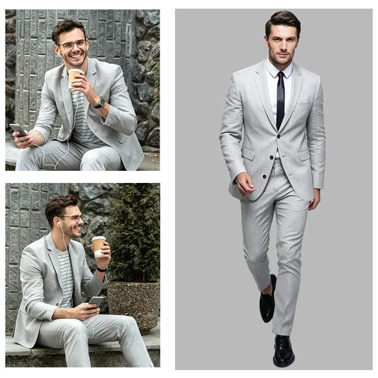 Mens Linen Pant Suits 2 Piece Set Summer One Button Blazer Jacket Slim Fit Trouser Smart Casual Wedding Business Commuting Wear